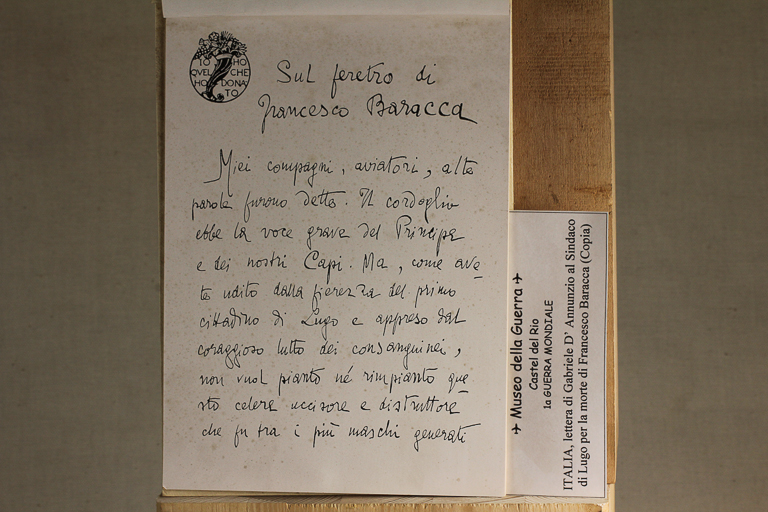 Lettera posta sul feretro di Francesco Baracca scritta da Gabriele D'Annuzio